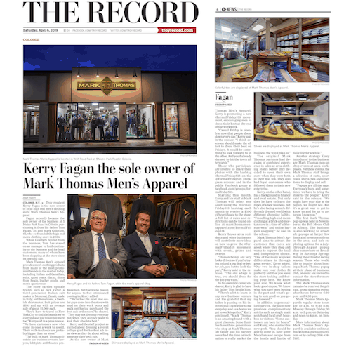 Mark Thomas Men's Apparel was mentioned in Troy's 'The Record' magazine